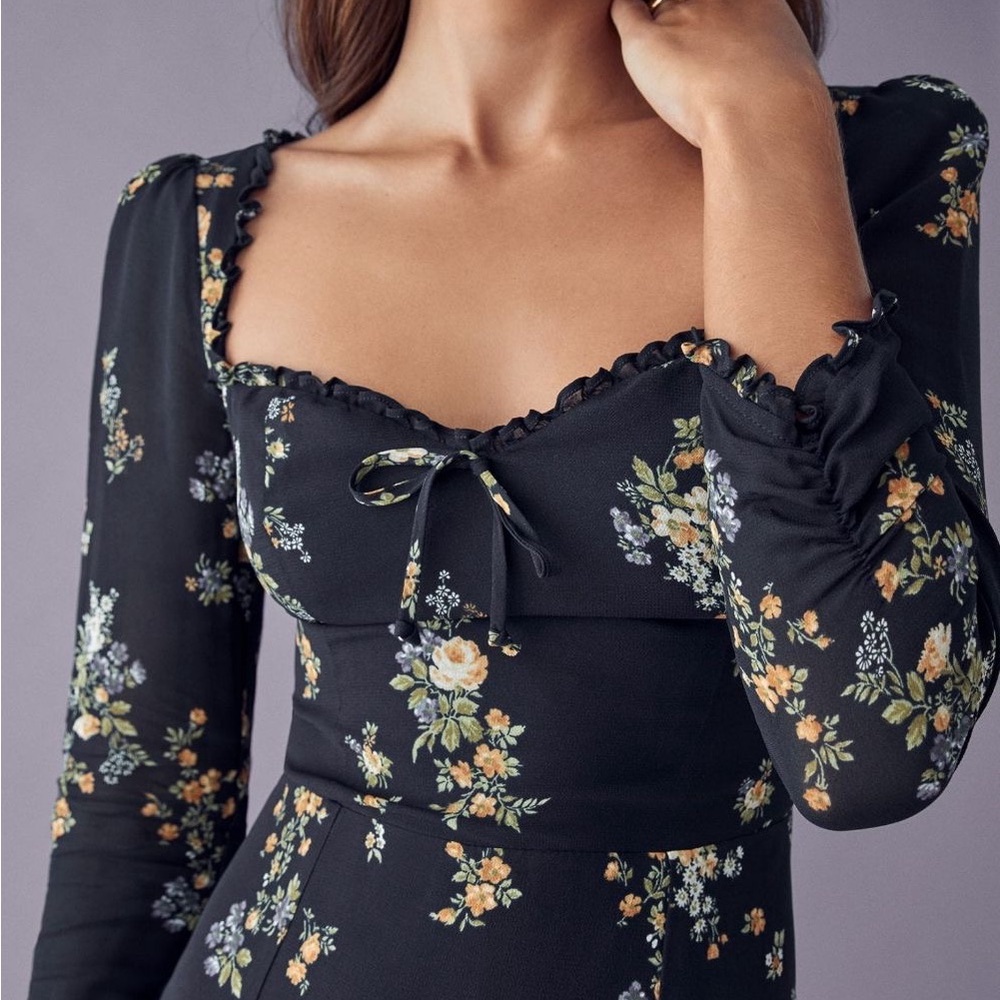 Reformation Black Floral Mini Dress with Yellow & Green Bouquet Print